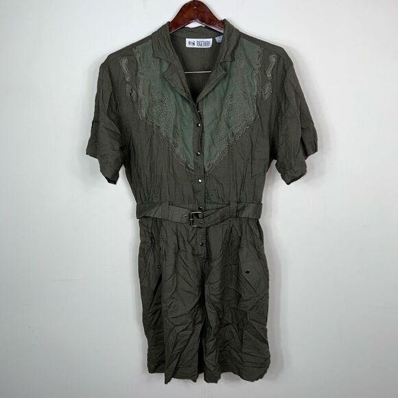 Together! Vintage 80s- 90s Olive Green Belted Romper - Picture 1 of 10